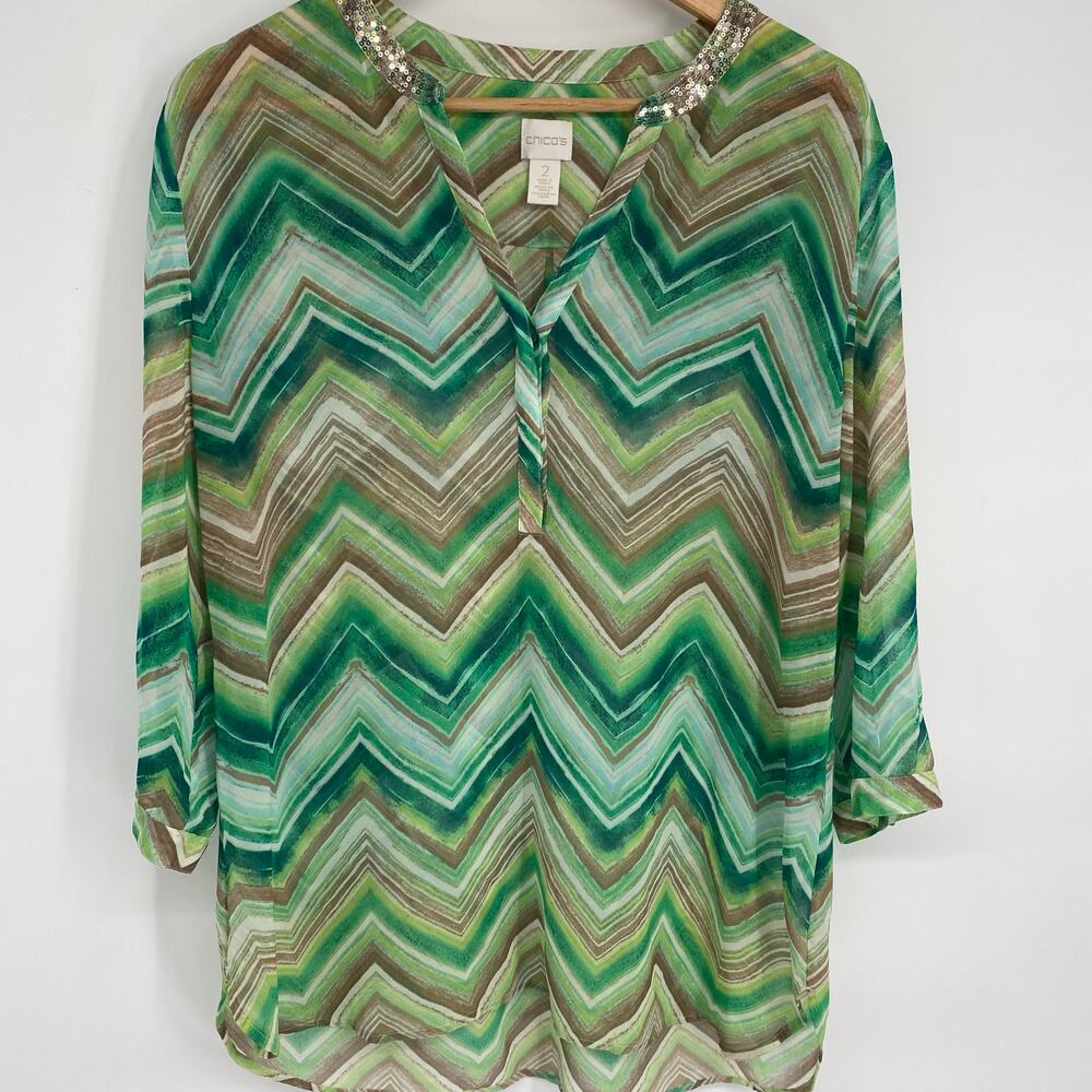 Chico's Top Women Large Green Semi-sheer Watercolor Lightweight Electric Grandma